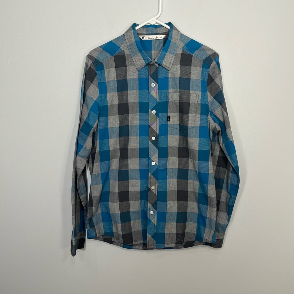 Travis Mathew Shirt Mens Medium Blue Gray Black Button Up Long Sleeve Plaid